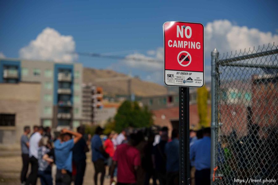 (Trent Nelson  |  The Salt Lake Tribune) A no camping sign as the site of a future legal homeless camp is announced in Salt Lake City on Thursday, Sept. 14, 2023.