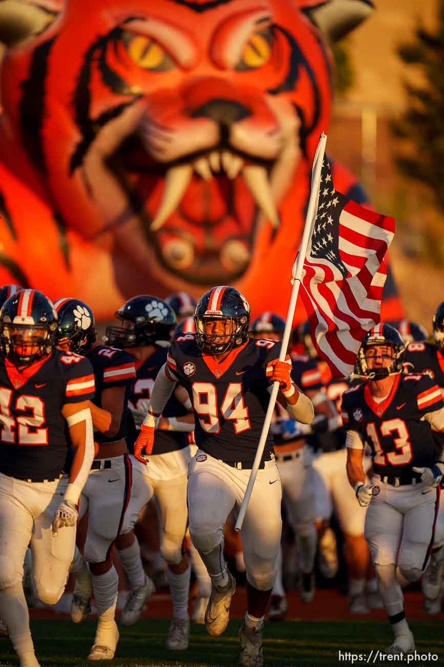 (Trent Nelson  |  The Salt Lake Tribune) Brighton hosts East, high school football in Cottonwood Heights on Friday, Sept. 22, 2023. Tyree Pearson (94)