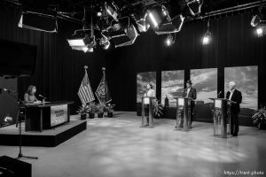 (Trent Nelson  |  The Salt Lake Tribune) Mayor Erin Mendenhall, Michael Valentine and former Mayor Rocky Anderson face off in a debate on Wednesday, Oct. 4, 2023. At left is moderator Laurent Gustus.