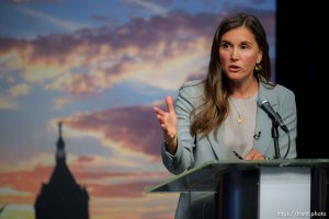 (Trent Nelson  |  The Salt Lake Tribune) Salt Lake City Mayor Erin Mendenhall speaks during a debate with Michael Valentine and former Mayor Rocky Anderson on Wednesday, Oct. 4, 2023.