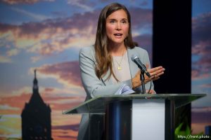 (Trent Nelson  |  The Salt Lake Tribune) Salt Lake City Mayor Erin Mendenhall speaks during a debate with Michael Valentine and former Mayor Rocky Anderson on Wednesday, Oct. 4, 2023.