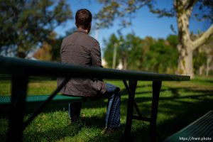 (Trent Nelson  |  The Salt Lake Tribune) Mark, who is identified by his middle name, said his bishop paid for him to go to therapy in 2009. He remembers that therapist, Scott Owen, cuddling with him during these sessions in ways that he felt was inappropriate. He was photographed in Salt Lake City on Friday, Oct. 6, 2023.