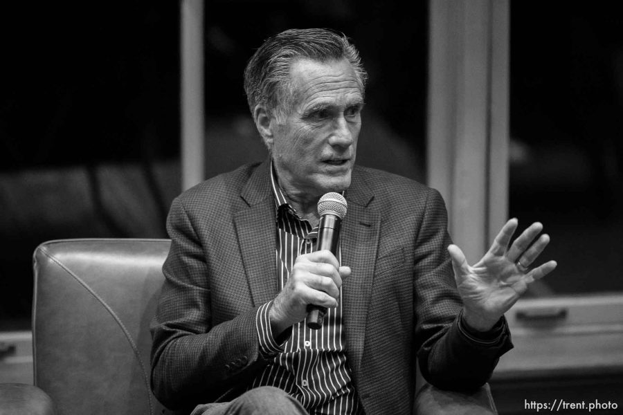(Trent Nelson  |  The Salt Lake Tribune) Mitt Romney speaks at the Stein Eriksen Lodge in Park City on Tuesday, Oct. 10, 2023.