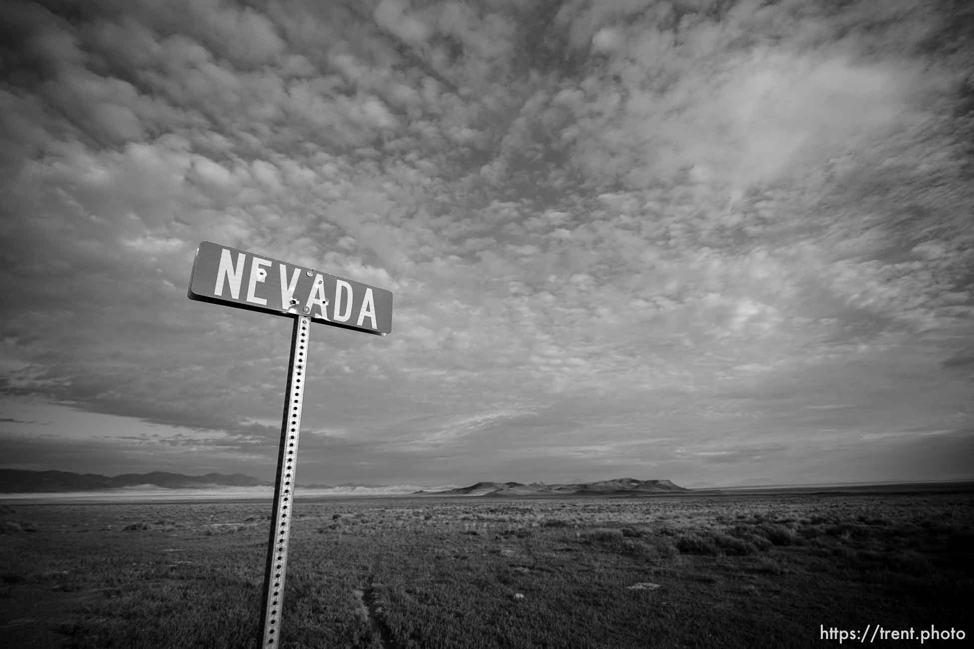 Nevada Utah state line sign in Tooele County north of Ibapah on Saturday, Oct. 14, 2023.