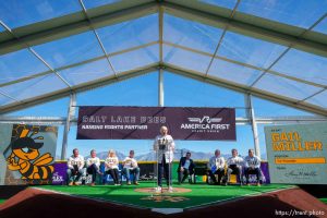 (Trent Nelson  |  The Salt Lake Tribune) Gail Miller speaks at the groundbreaking for the new Salt Lake Bees ballpark and Phase 1 of Downtown Daybreak in South Jordan on Thursday, Oct. 19, 2023.