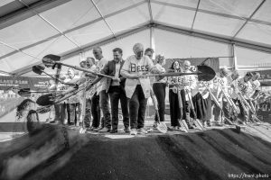 (Trent Nelson  |  The Salt Lake Tribune) Gail Miller and others at the groundbreaking for the new Salt Lake Bees ballpark and Phase 1 of Downtown Daybreak in South Jordan on Thursday, Oct. 19, 2023. Senate President Stuart Adams, R-Layton, Gov. Spencer Cox and Steve Starks are to the left of Miller.