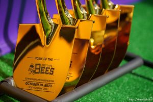 (Trent Nelson  |  The Salt Lake Tribune) Ceremonial shovels at the groundbreaking for the new Salt Lake Bees ballpark and Phase 1 of Downtown Daybreak in South Jordan on Thursday, Oct. 19, 2023.