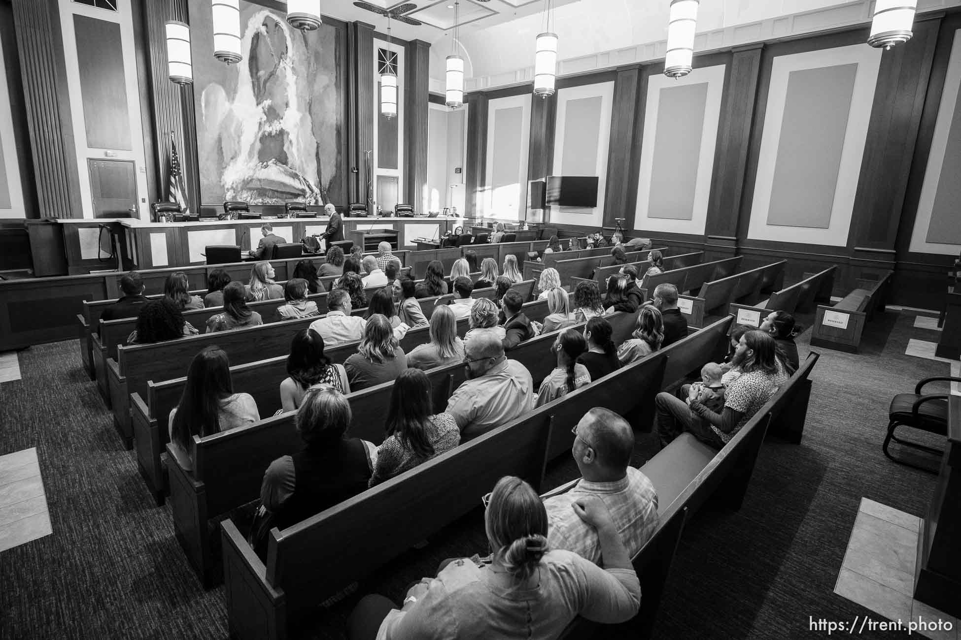 (Trent Nelson | The Salt Lake Tribune) Plaintiffs and their supporters ahead of the Utah Supreme Court hearing an appeal in their lawsuit alleging their OB-GYN David Broadbent sexually assaulted them. The hearing was held in Salt Lake City on Friday, Oct. 20, 2023.