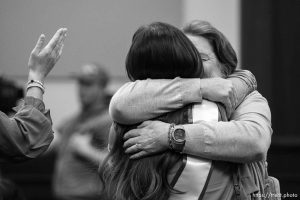 (Trent Nelson | The Salt Lake Tribune) Plaintiffs and their supporters after the Utah Supreme Court heard an appeal in their lawsuit alleging their OB-GYN David Broadbent sexually assaulted them. The hearing was held in Salt Lake City on Friday, Oct. 20, 2023.