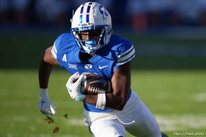 (Trent Nelson  |  The Salt Lake Tribune) Brigham Young Cougars wide receiver Kody Epps (0) as BYU hosts Texas Tech, NCAA football in Provo on Saturday, Oct. 21, 2023.