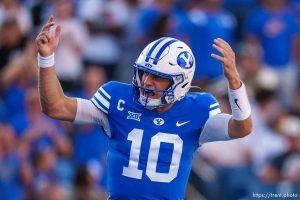 (Trent Nelson  |  The Salt Lake Tribune) Brigham Young Cougars quarterback Kedon Slovis (10) celebrates a touchdown as BYU hosts Texas Tech, NCAA football in Provo on Saturday, Oct. 21, 2023.