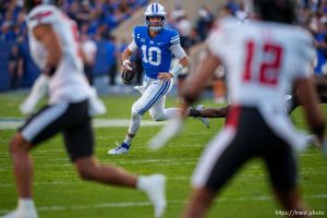 (Trent Nelson  |  The Salt Lake Tribune) Brigham Young Cougars quarterback Kedon Slovis (10) scrambles as BYU hosts Texas Tech, NCAA football in Provo on Saturday, Oct. 21, 2023.