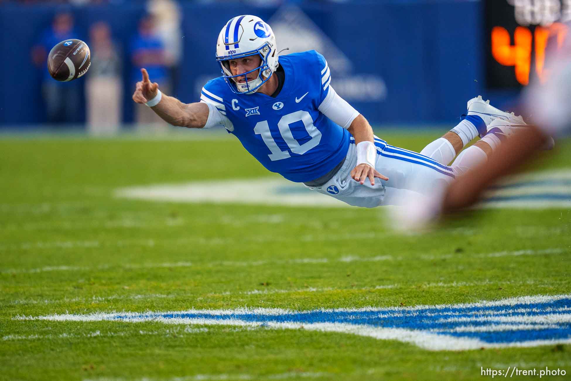 (Trent Nelson  |  The Salt Lake Tribune) Brigham Young Cougars quarterback Kedon Slovis (10) throws the ball away as BYU hosts Texas Tech, NCAA football in Provo on Saturday, Oct. 21, 2023.