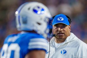 (Trent Nelson  |  The Salt Lake Tribune) Kalani Sitake as BYU hosts Texas Tech, NCAA football in Provo on Saturday, Oct. 21, 2023.