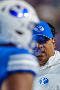 (Trent Nelson  |  The Salt Lake Tribune) Kalani Sitake as BYU hosts Texas Tech, NCAA football in Provo on Saturday, Oct. 21, 2023.