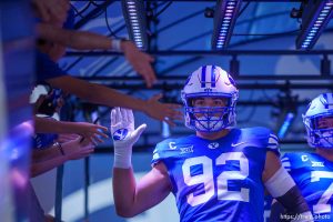 (Trent Nelson  |  The Salt Lake Tribune) Brigham Young Cougars defensive end Tyler Batty (92) as BYU hosts Texas Tech, NCAA football in Provo on Saturday, Oct. 21, 2023.