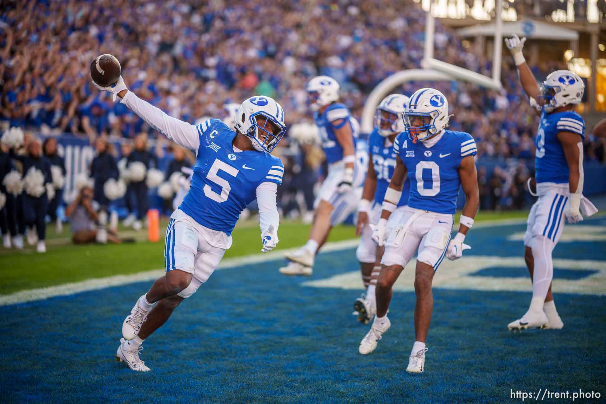 (Trent Nelson  |  The Salt Lake Tribune) Brigham Young Cougars cornerback Eddie Heckard (5) celebrates a touchdown after recovering a fumble as BYU hosts Texas Tech, NCAA football in Provo on Saturday, Oct. 21, 2023.