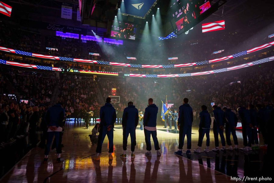 (Trent Nelson  |  The Salt Lake Tribune) National Anthem as the Utah Jazz host the LA Clippers, NBA basketball in Salt Lake City on Friday, Oct. 27, 2023.