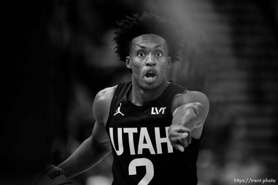 (Trent Nelson  |  The Salt Lake Tribune) Utah Jazz guard Collin Sexton (2) as the Utah Jazz host the LA Clippers, NBA basketball in Salt Lake City on Friday, Oct. 27, 2023.