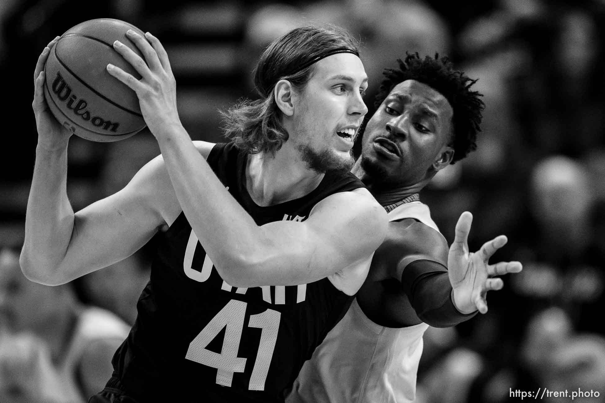 (Trent Nelson  |  The Salt Lake Tribune) Utah Jazz forward Kelly Olynyk (41) defended by Memphis Grizzlies forward Jaren Jackson Jr. (13) as the Utah Jazz host the Memphis Grizzlies, NBA basketball in Salt Lake City on Wednesday, Nov. 1, 2023.
