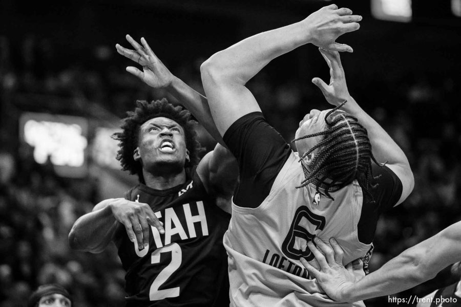 (Trent Nelson  |  The Salt Lake Tribune) Utah Jazz guard Collin Sexton (2) and Memphis Grizzlies forward Kenneth Lofton Jr. (6) as the Utah Jazz host the Memphis Grizzlies, NBA basketball in Salt Lake City on Wednesday, Nov. 1, 2023.