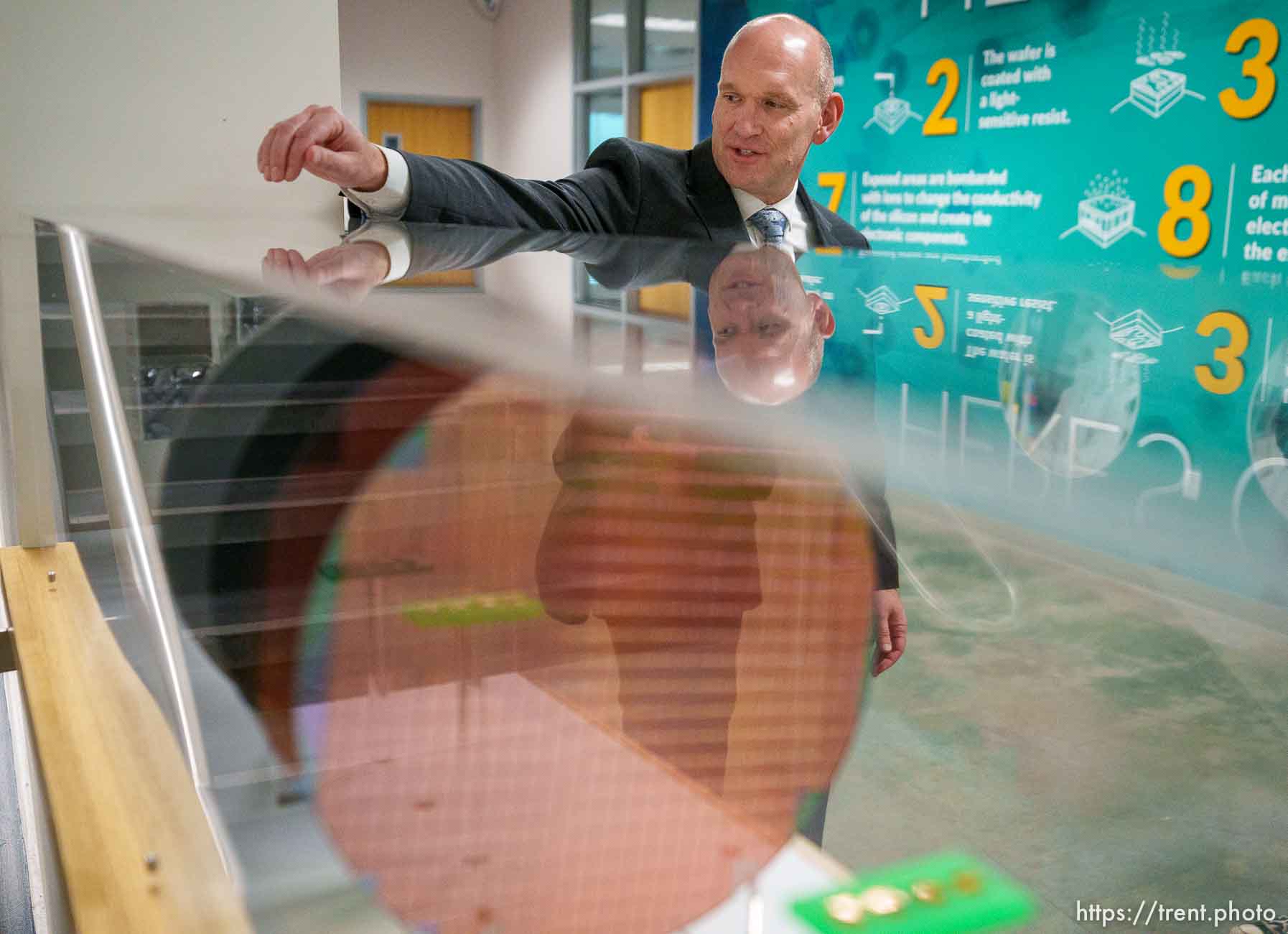 (Trent Nelson  |  The Salt Lake Tribune) Trevor Bee explains the semiconductor fabrication process at Texas Instruments' facility in Lehi on Thursday, Nov. 2, 2023.