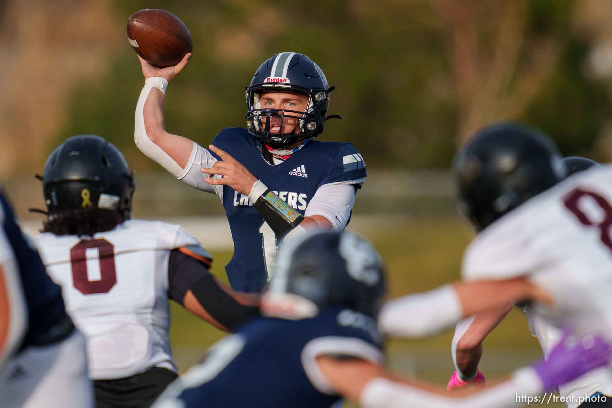 (Trent Nelson  |  The Salt Lake Tribune) Isaac Wilson as Corner Canyon High School hosts and beats Lone Peak in a 6A quarterfinals football game in Draper on Friday, Nov. 3, 2023.