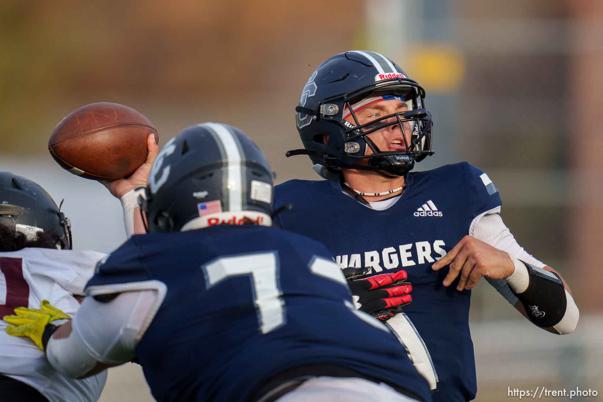 (Trent Nelson  |  The Salt Lake Tribune) Isaac Wilson as Corner Canyon High School hosts and beats Lone Peak in a 6A quarterfinals football game in Draper on Friday, Nov. 3, 2023.