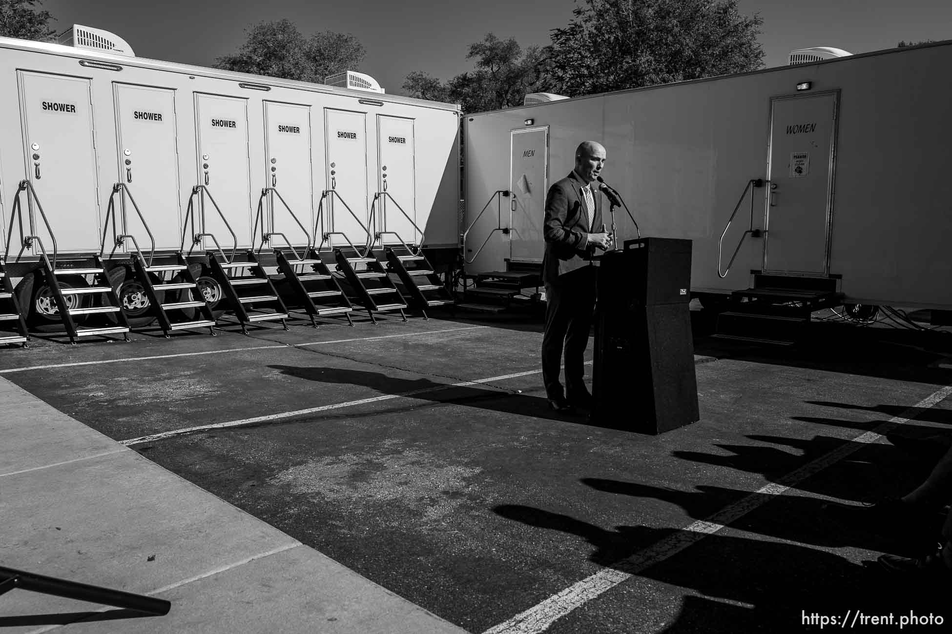 (Trent Nelson  |  The Salt Lake Tribune) Gov. Spencer Cox  at a news conference at West Valley City’s temporary homeless shelter on Thursday, Nov. 9, 2023.