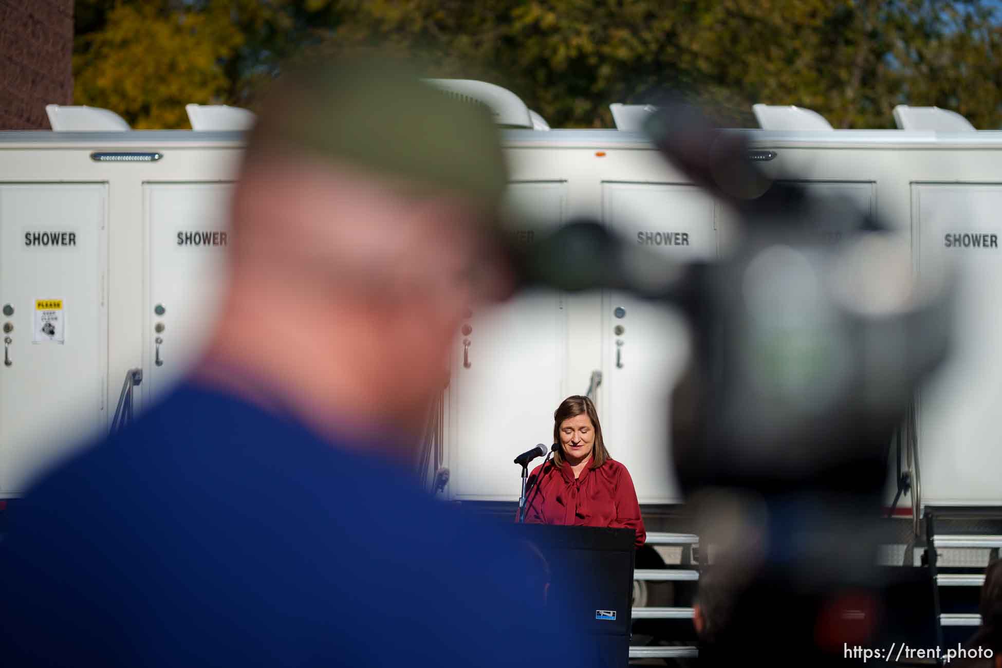 (Trent Nelson  |  The Salt Lake Tribune) Salt Lake County Mayor Jenny Wilson at a news conference at West Valley City’s temporary homeless shelter on Thursday, Nov. 9, 2023.