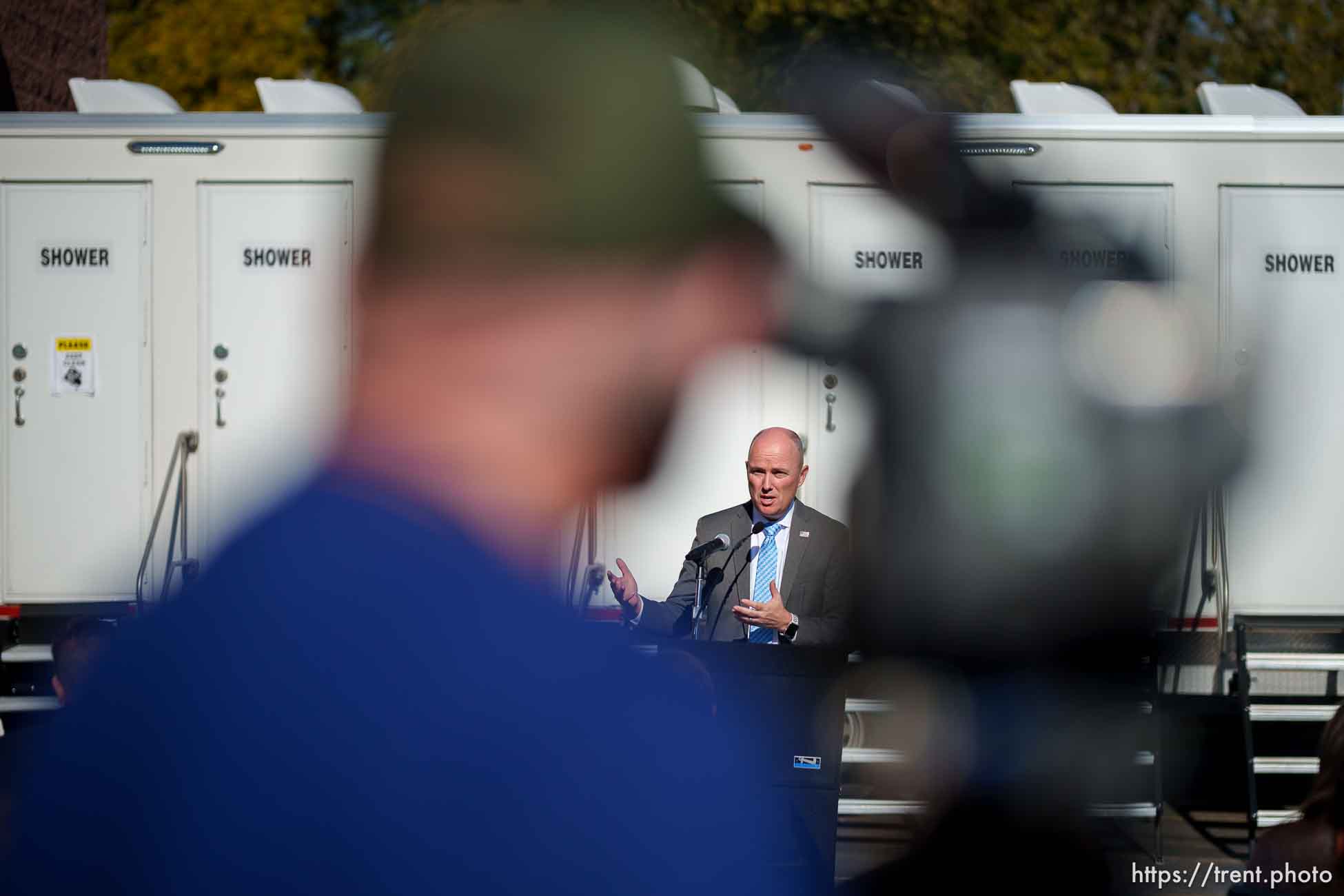 (Trent Nelson  |  The Salt Lake Tribune) Gov. Spencer Cox  at a news conference at West Valley City’s temporary homeless shelter on Thursday, Nov. 9, 2023.