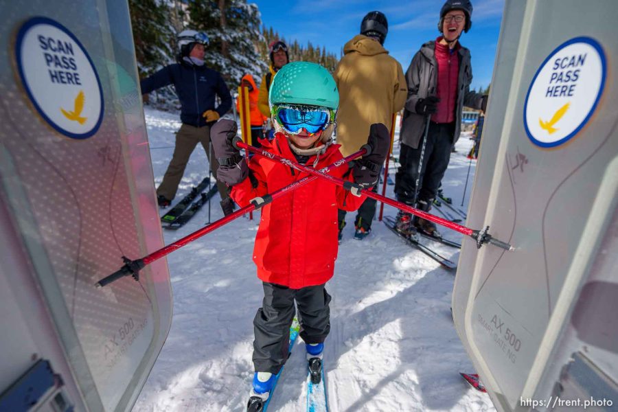 (Trent Nelson  |  The Salt Lake Tribune) Theodore Dean in line to snag first chair for the second year in a row on opening day at Solitude Mountain Resort on Friday, Nov. 10, 2023.