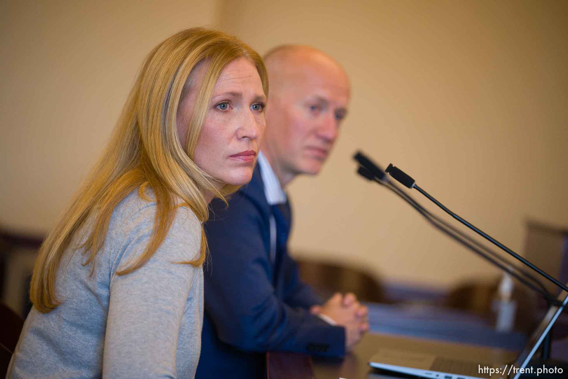 (Trent Nelson  |  The Salt Lake Tribune) Megan Kallas and Rep. Jeffrey Stenquist, R-Draper, talk about Stenquist's classroom neutrality proposal during a meeting of the Education Interim Committee in Salt Lake City on Wednesday, Nov. 15, 2023.