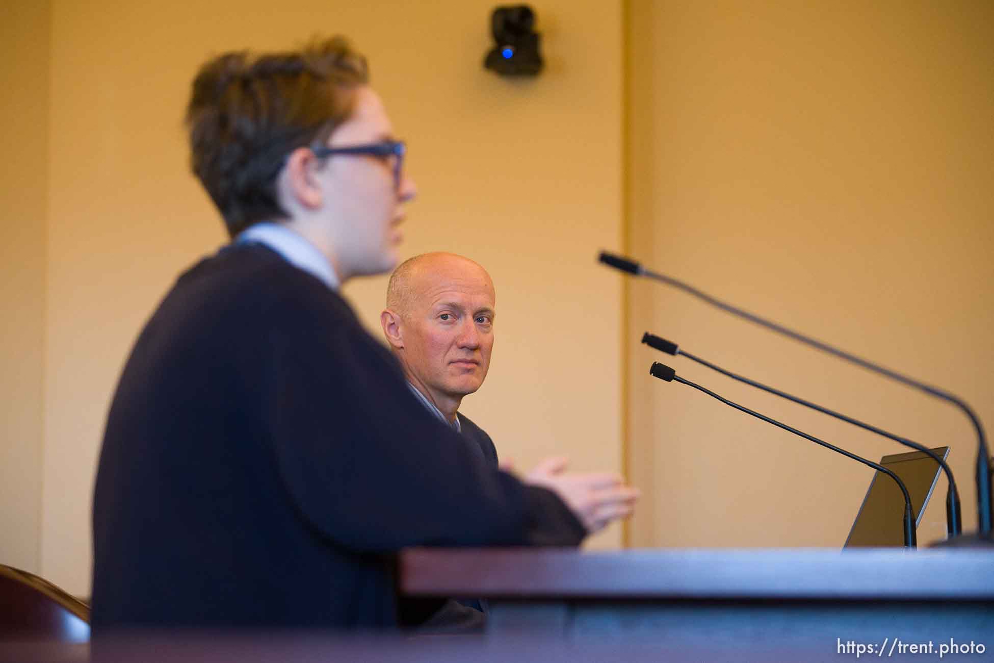 (Trent Nelson  |  The Salt Lake Tribune) Rep. Jeffrey Stenquist, R-Draper, looks on as a student speaks against a classroom neutrality proposal during a meeting of the Education Interim Committee in Salt Lake City on Wednesday, Nov. 15, 2023.