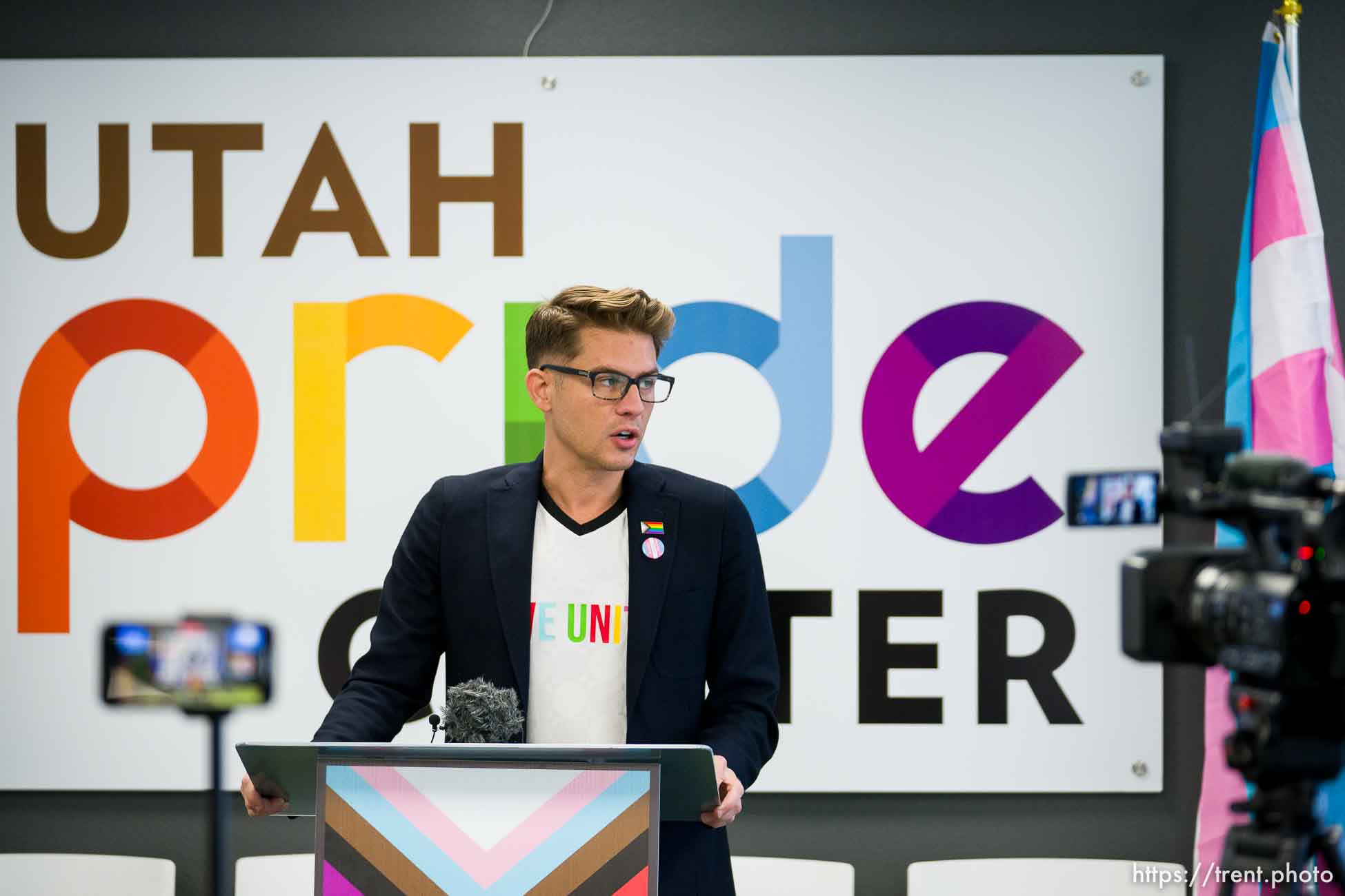 (Trent Nelson  |  The Salt Lake Tribune) Ryan Newcomb speaks in a news conference announcing his appointment as the new executive director of the Utah Pride Center in Salt Lake City on Wednesday, Nov. 15, 2023.