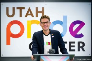 (Trent Nelson  |  The Salt Lake Tribune) Ryan Newcomb speaks in a news conference announcing his appointment as the new executive director of the Utah Pride Center in Salt Lake City on Wednesday, Nov. 15, 2023.