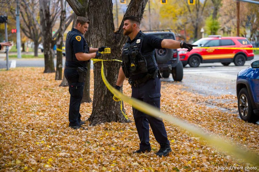 (Trent Nelson  |  The Salt Lake Tribune) Police on the scene of a hit and run in Salt Lake City on Thursday, Nov. 16, 2023.