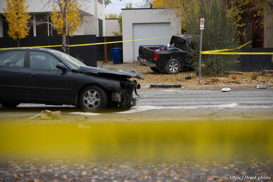 (Trent Nelson  |  The Salt Lake Tribune) Accident, possible hit and run, in Salt Lake City on Thursday, Nov. 16, 2023.