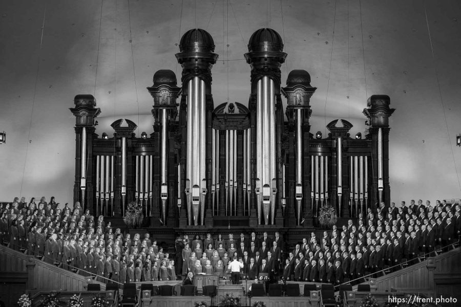 (Trent Nelson  |  The Salt Lake Tribune) The Tabernacle Choir at Temple Square sings before the funeral for M. Russell Ballard, longtime Latter-day Saint apostle, at the Tabernacle in Salt Lake City on Friday, Nov. 17, 2023.