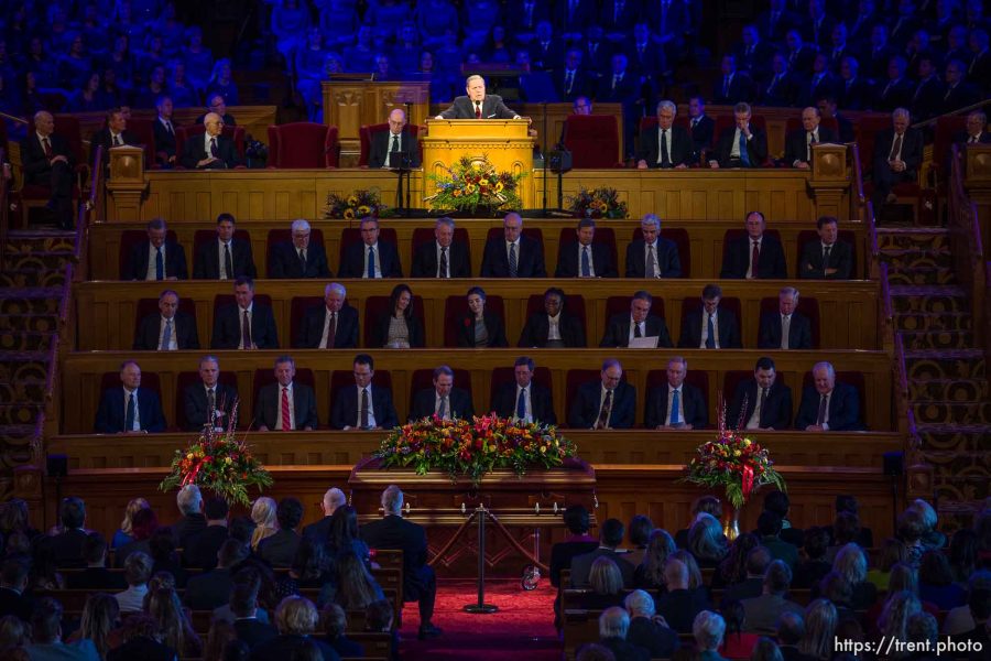 (Trent Nelson  |  The Salt Lake Tribune) Apostle Jeffrey R. Holland speaks at the funeral for M. Russell Ballard, longtime Latter-day Saint apostle, at the Tabernacle in Salt Lake City on Friday, Nov. 17, 2023.