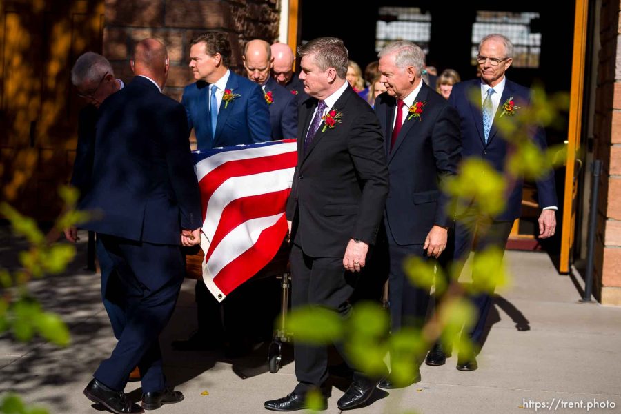 (Trent Nelson  |  The Salt Lake Tribune) Pallbearers at the funeral for M. Russell Ballard, longtime Latter-day Saint apostle, at the Tabernacle in Salt Lake City on Friday, Nov. 17, 2023.