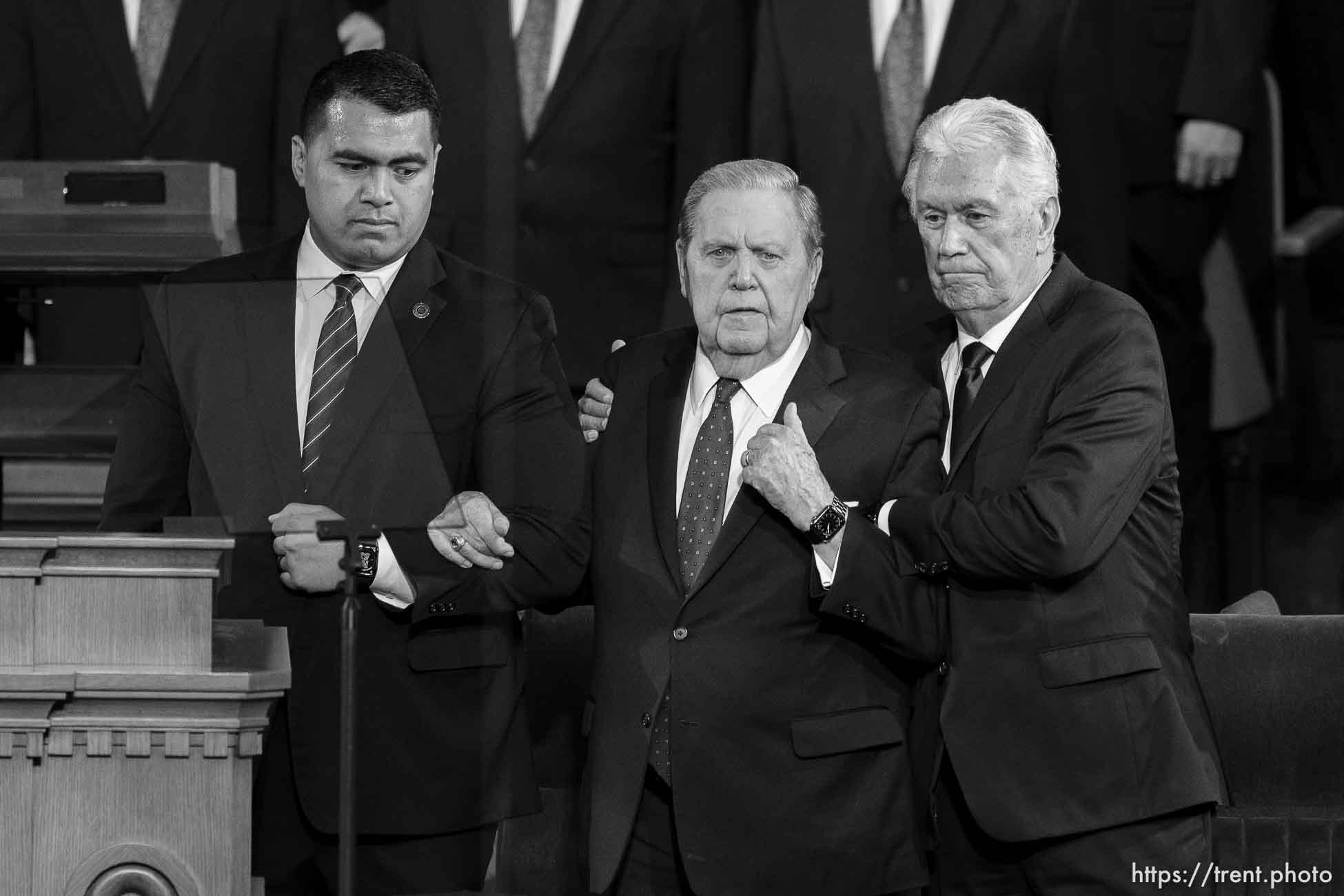 (Trent Nelson  |  The Salt Lake Tribune) Apostles Jeffrey R. Holland and Dieter F. Uchtdorf at the funeral for M. Russell Ballard, longtime Latter-day Saint apostle, at the Tabernacle in Salt Lake City on Friday, Nov. 17, 2023.