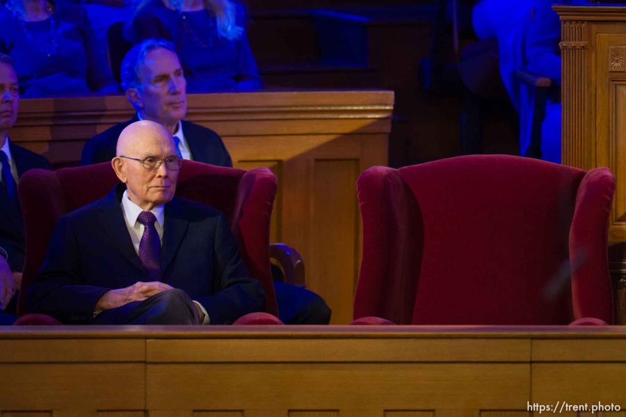 (Trent Nelson  |  The Salt Lake Tribune) President Dallin H. Oaks at the funeral for M. Russell Ballard, longtime Latter-day Saint apostle, at the Tabernacle in Salt Lake City on Friday, Nov. 17, 2023. The chair at right is vacant, for President Russell M. Nelson.