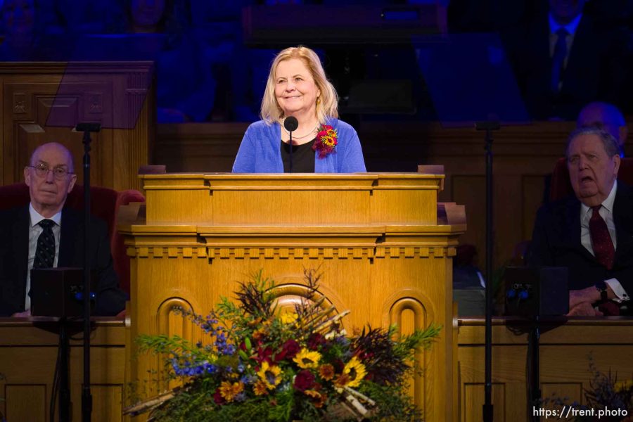 (Trent Nelson  |  The Salt Lake Tribune) Holly Clayton speaks at the funeral of her father, longtime Latter-day Saint apostle M. Russell Ballard, at the Tabernacle in Salt Lake City on Friday, Nov. 17, 2023.