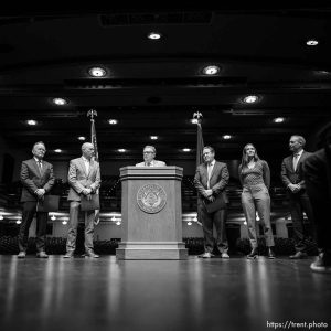 (Trent Nelson  |  The Salt Lake Tribune) University of Utah President Taylor Randall announces that the University of Utah will host a presidential debate in 2024. The news conference was held at Kingsbury Hall in Salt Lake City on Monday, Nov. 20, 2023.  From left are Senate President Stuart Adams, R-Layton, Gov. Spencer Cox, Randall, Rep. Jefferson Moss, R-Saratoga Springs, Mayor Erin Mendenhall and Hinckley Institute director Jason Perry.