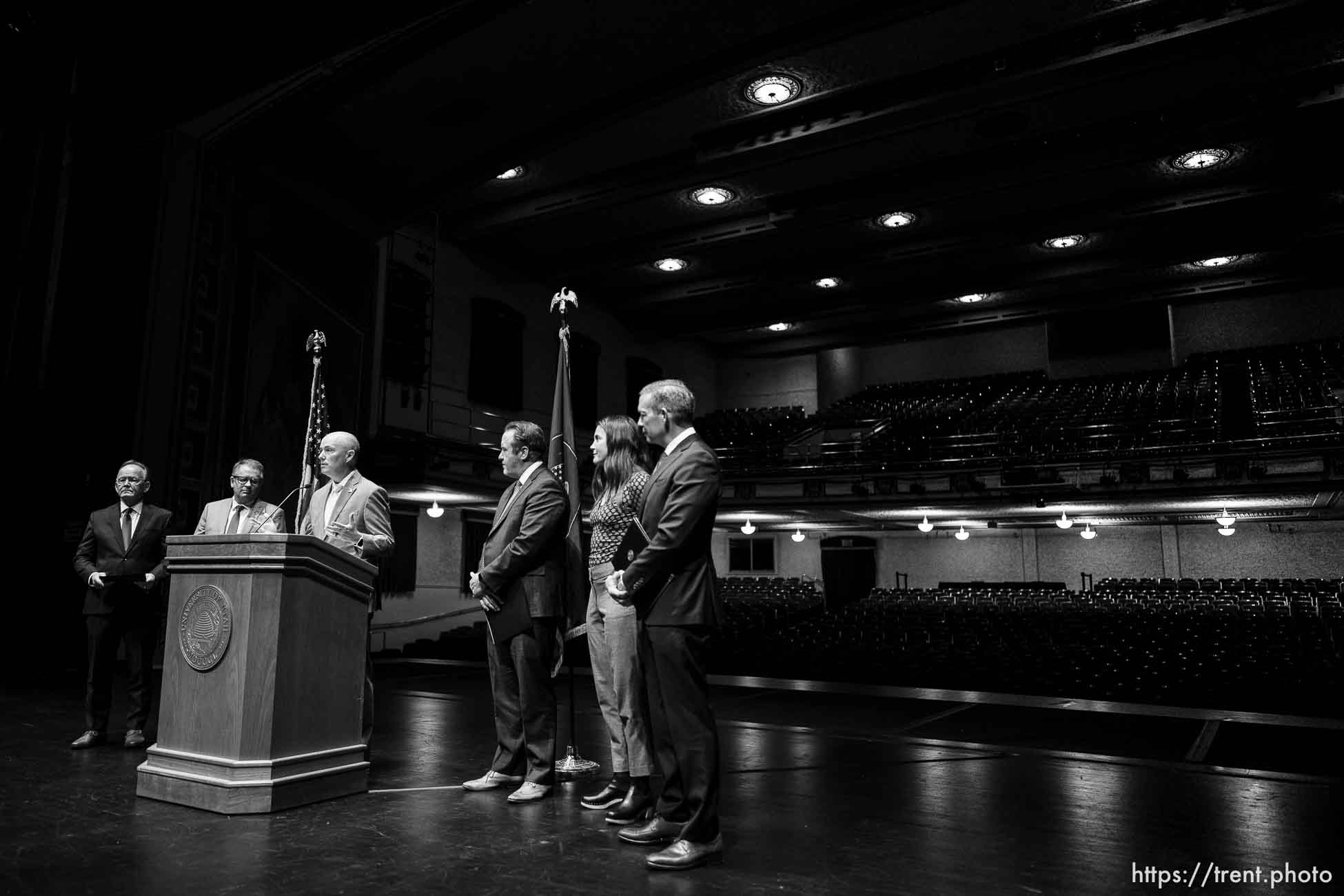 (Trent Nelson  |  The Salt Lake Tribune) Gov. Spencer Cox  speaks as officials announce that the University of Utah will host a presidential debate in 2024. The news conference was held at Kingsbury Hall in Salt Lake City on Monday, Nov. 20, 2023.