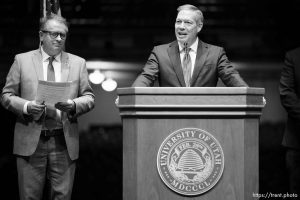 (Trent Nelson  |  The Salt Lake Tribune) Hinckley Institute director Jason Perry speaks as officials announce that the University of Utah will host a presidential debate in 2024. The news conference was held at Kingsbury Hall in Salt Lake City on Monday, Nov. 20, 2023. From left are University president Taylor Randall, Perry and Rep. Jefferson Moss, R-Saratoga Springs.