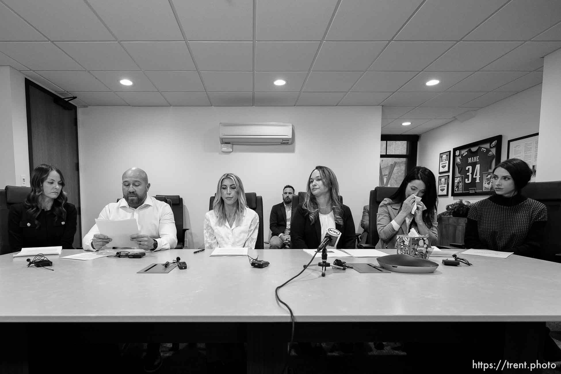 (Trent Nelson  |  The Salt Lake Tribune) Women who are accusing Tim Ballard of sexual misconduct speak at a news conference in Salt Lake City on Tuesday, Nov. 21, 2023. From left are Celeste Borys, Mike Borys, Kira Lynch, Jordana (Bree) Righter, Sashleigha (Sasha) Hightower and Mary Hall.