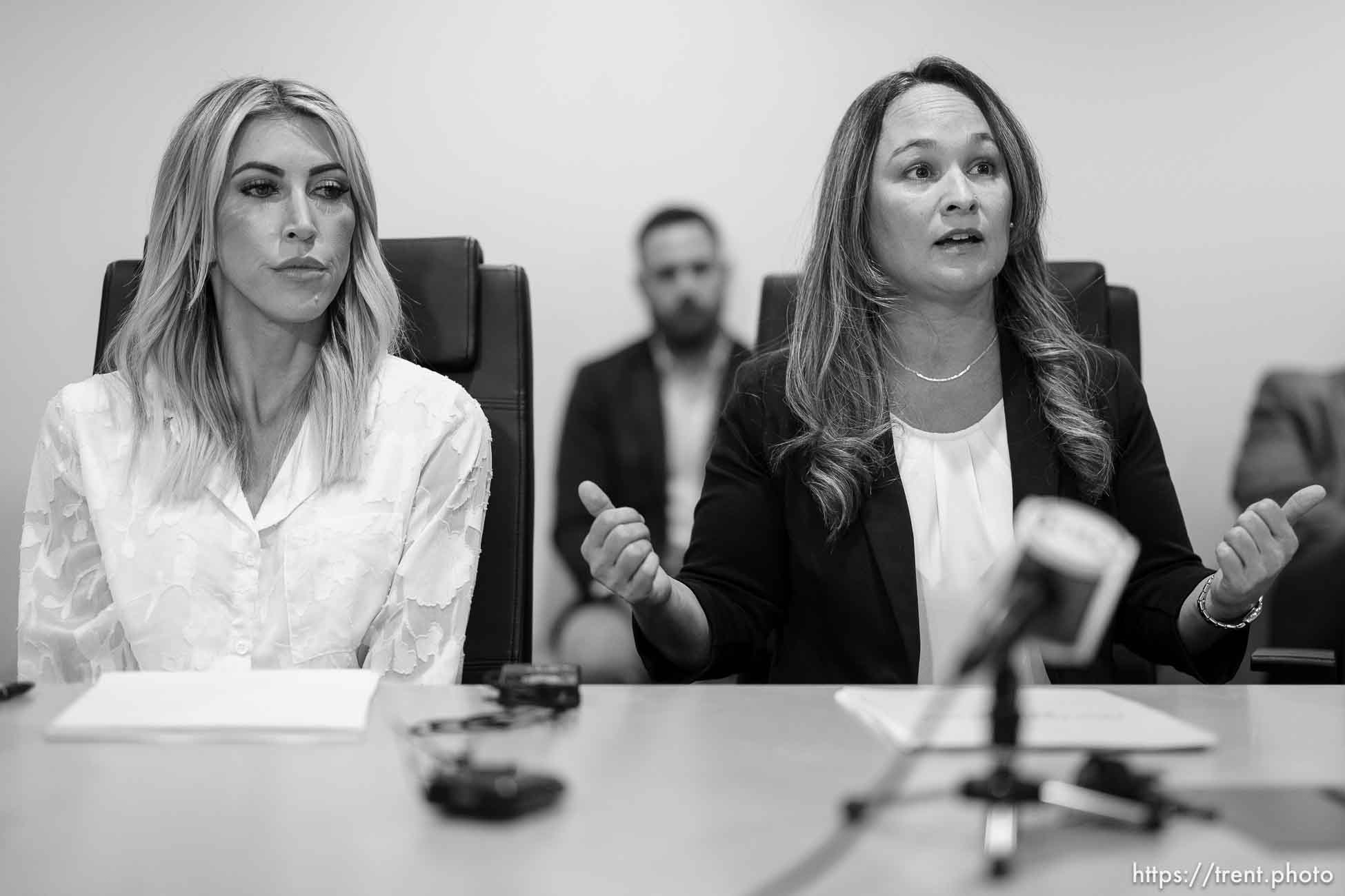 (Trent Nelson  |  The Salt Lake Tribune) The women who are accusing Tim Ballard of sexual misconduct hold a news conference in Salt Lake City on Tuesday, Nov. 21, 2023. From left are Kira Lynch and Jordana (Bree) Righter.