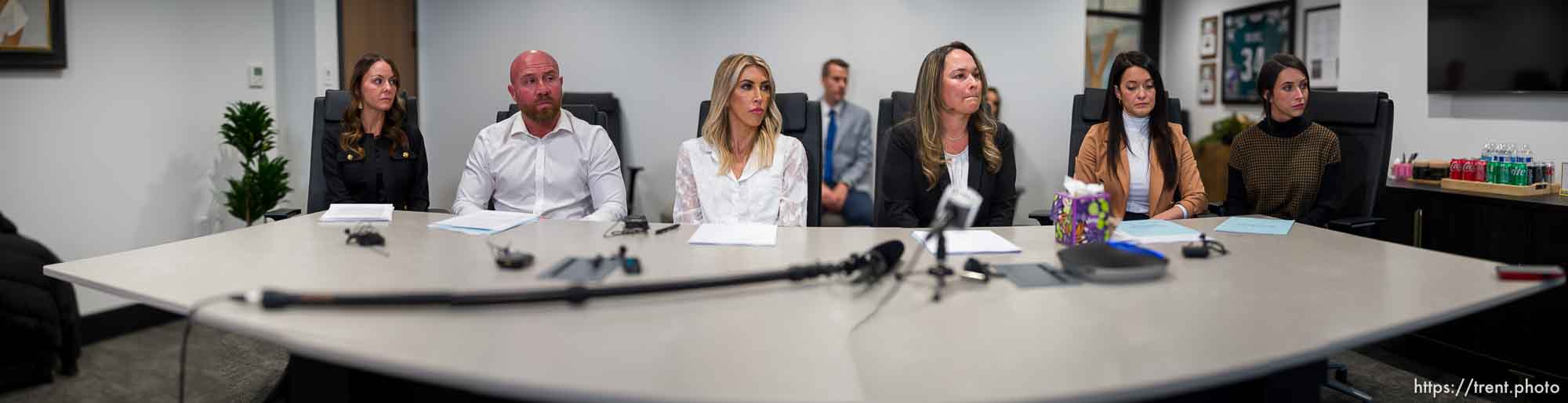 (Trent Nelson  |  The Salt Lake Tribune) Women who are accusing Tim Ballard of sexual misconduct speak at a news conference in Salt Lake City on Tuesday, Nov. 21, 2023. From left are Celeste Borys, Mike Borys, Kira Lynch, Jordana (Bree) Righter, Sashleigha (Sasha) Hightower and Mary Hall.